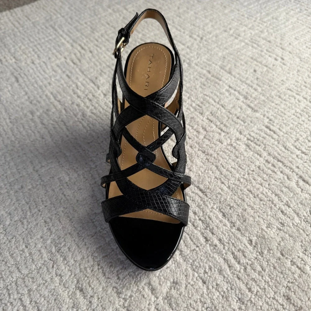Tahari Petunia Black Snake Embossed Leather Cork Wedge Sandals Women 8.5 Strappy